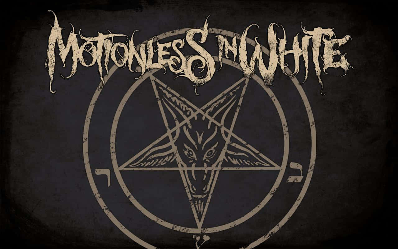  壁紙 — 深色紋理牆紙，印有樂隊名稱 Motionless in White 及山羊頭五角星符號。