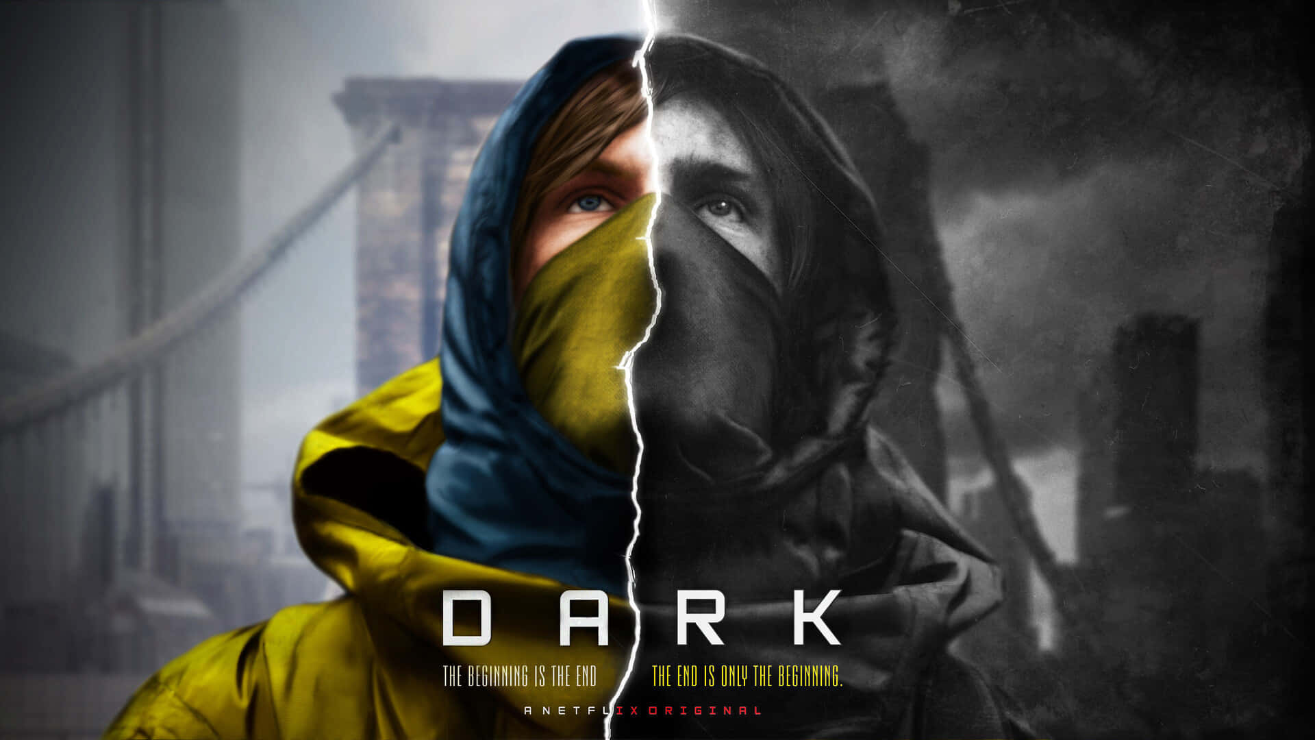 《Dark》Netflix 原創劇集的分屏海報 壁紙 — 一個穿著黃色連帽外套的分裂面孔角色站在霧濛濛的布魯克林大橋前，呈現對比色和單色調。