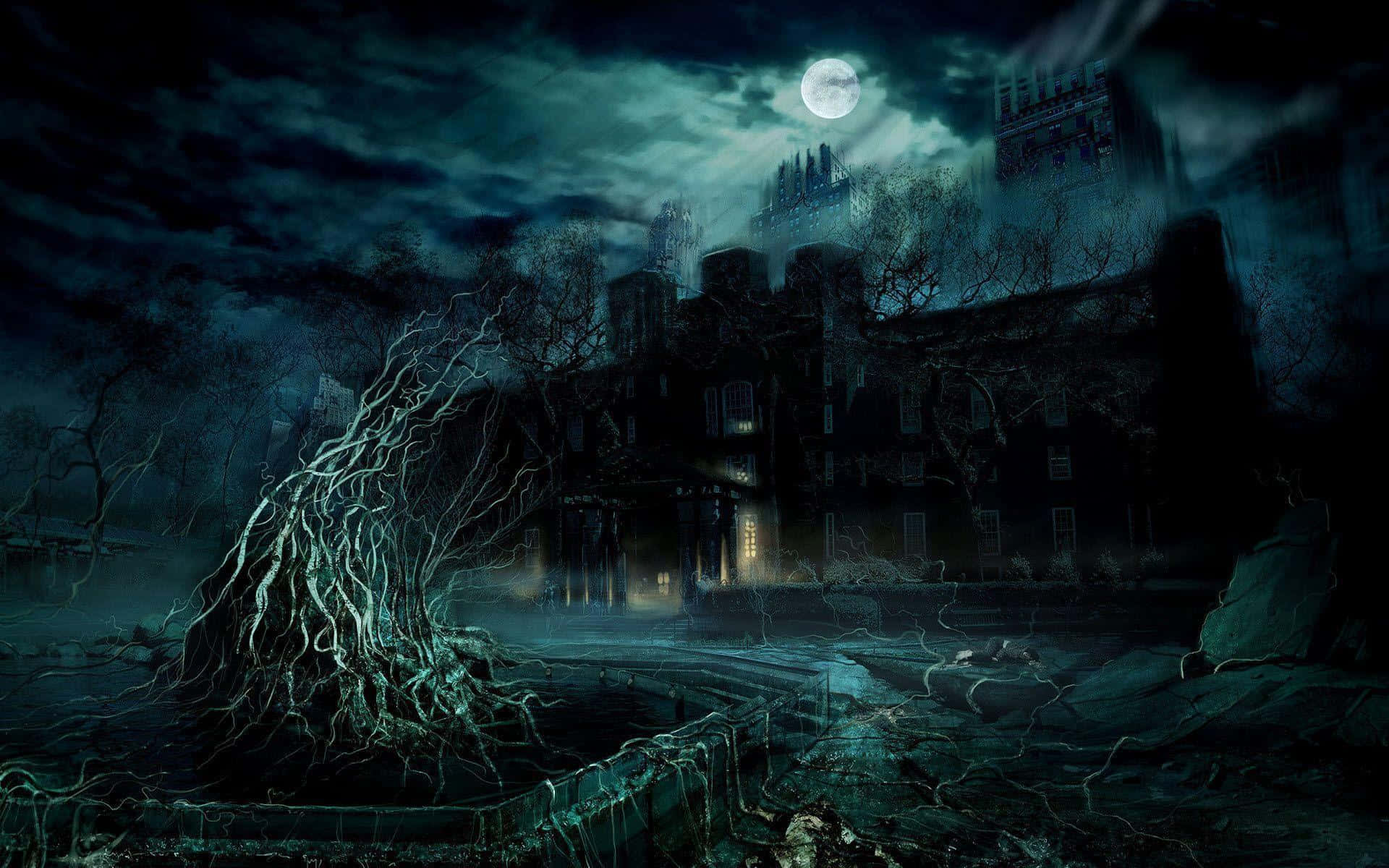 《Dark》Netflix原創劇集中的陰森城堡 壁紙 — 一座鬼屋在滿月下聳立，帶有詭異發光的根和圍繞其破舊石砌外牆旋轉的霧氣。