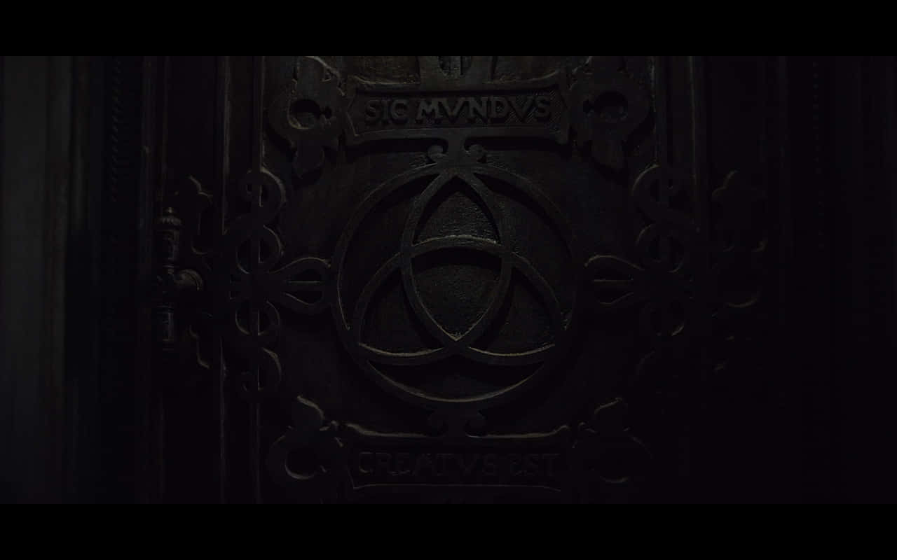 《Dark》Netflix 原創劇集中的符號之門 壁紙 — 一扇昏暗的裝飾金屬門，在詭異的陰影下帶有三角符號和拉丁文銘文。