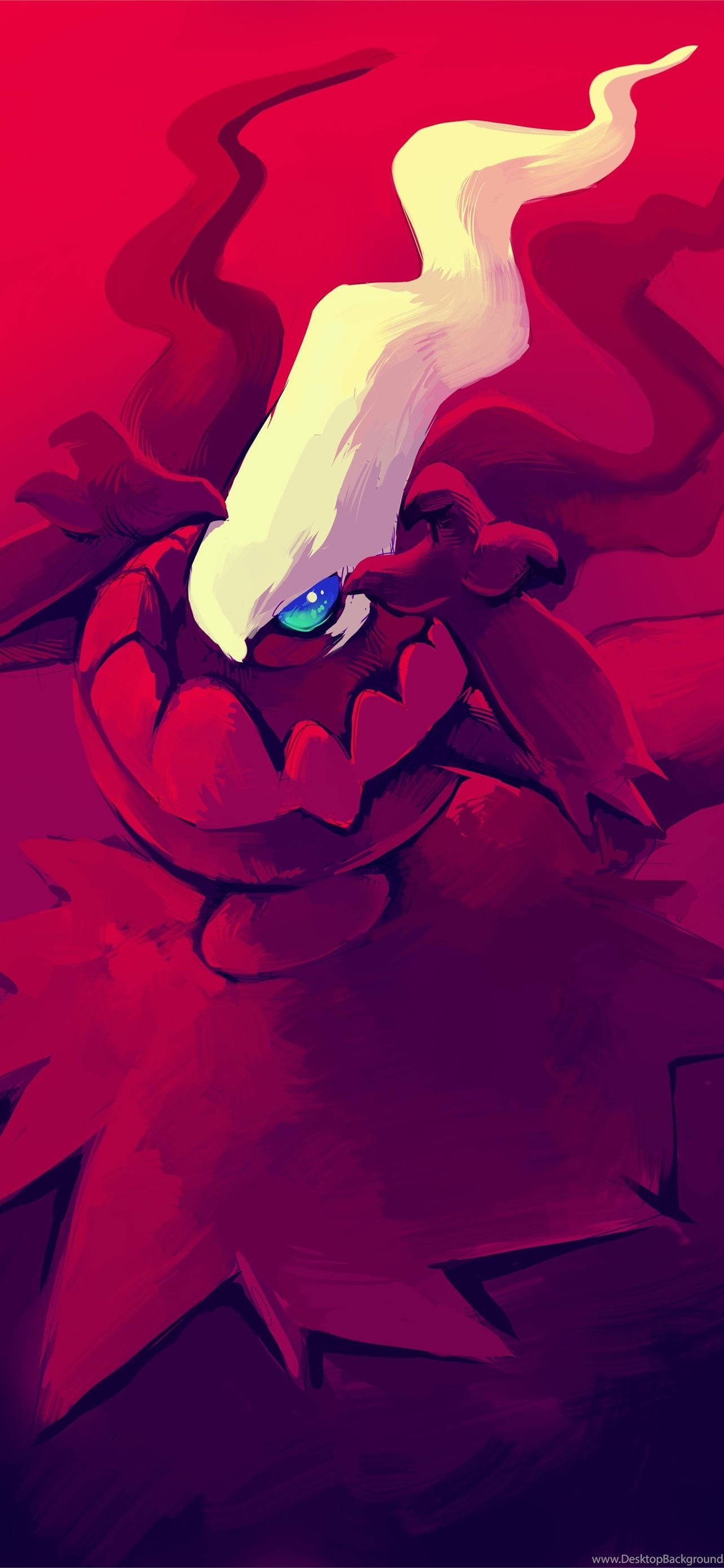 Darkrai 血紅特效肖像手機壁紙 壁紙 — 一隻風格化的紅龍，有一隻發光的藍色眼睛和飄逸的白色鬃毛，背景是深紅色。