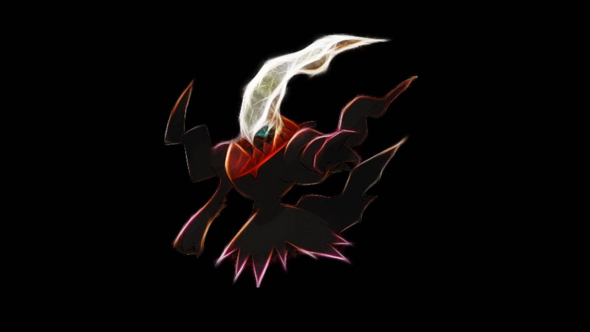 Darkrai 霓虹火焰 壁紙 — 一個風格化的黑暗生物，在黑色背景上帶有發光的紅色和白色能量邊緣。