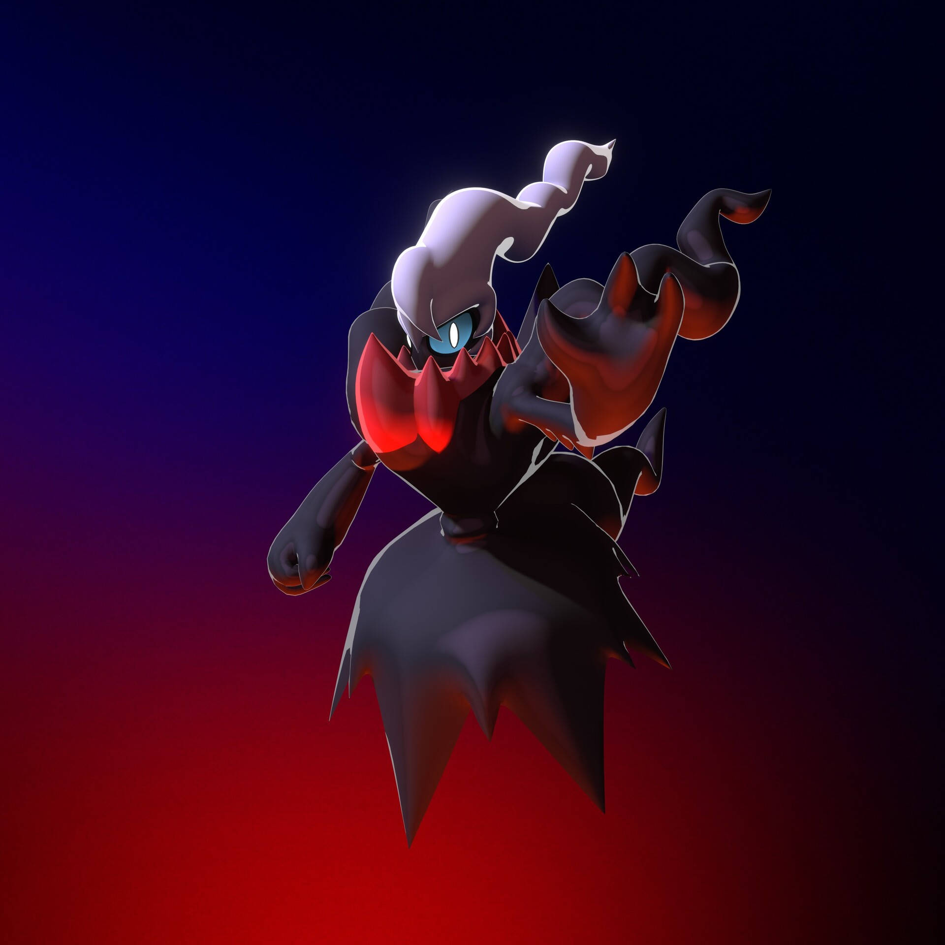 Darkrai 高畫質平板壁紙 壁紙 — 一隻帶有發光藍色眼睛和紅色點綴的威嚇性暗黑寶可夢，漂浮在紫色和紅色的漸變背景上。