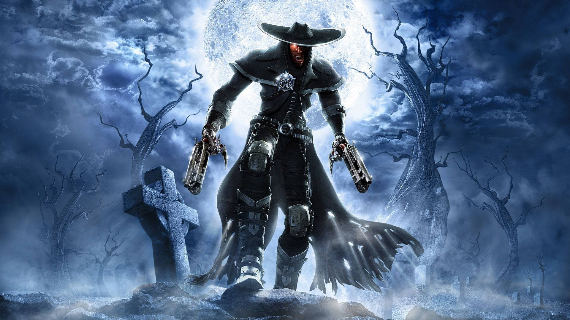 免費《Darkwatch》遊戲圖像 壁紙 — 一個帶有雙槍的威脅性牛仔站在霧氣瀰漫的墓地中，周圍是骷髏般的樹木，上方是一輪發光的滿月。