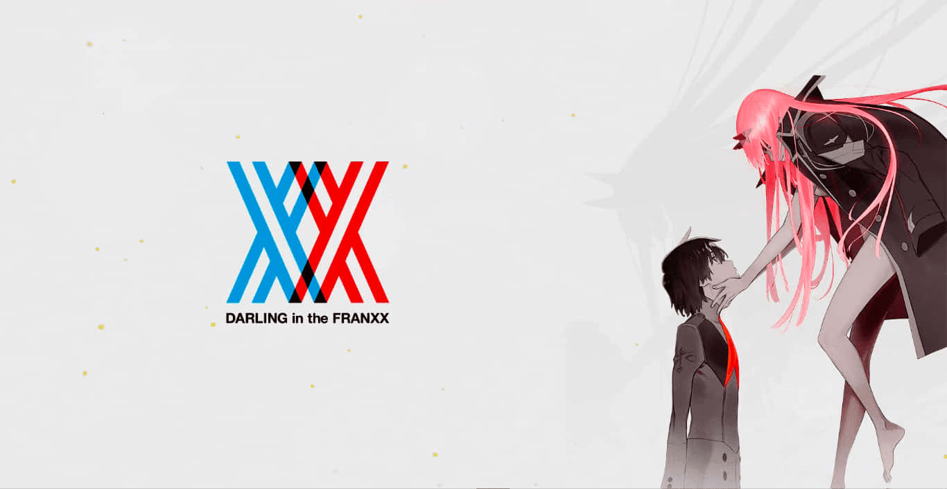 《Darling in the FranXX》中的 Hiro 與 Zero Two 壁紙 — 一個風格化的動畫場景，描繪一個男孩和一個粉紅色頭髮的女孩在 DARLING in the FRANXX 標誌旁邊互相伸手。