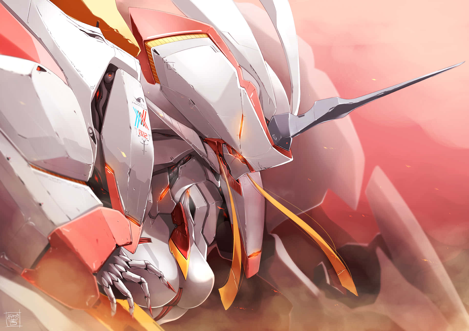 《Darling in the Franxx》中童年好友柊尋一與零二共享感動時刻 壁紙 — 一架白色和橙色的機甲，帶有發光的點綴，動態地站在火紅和橙色的背景前。
