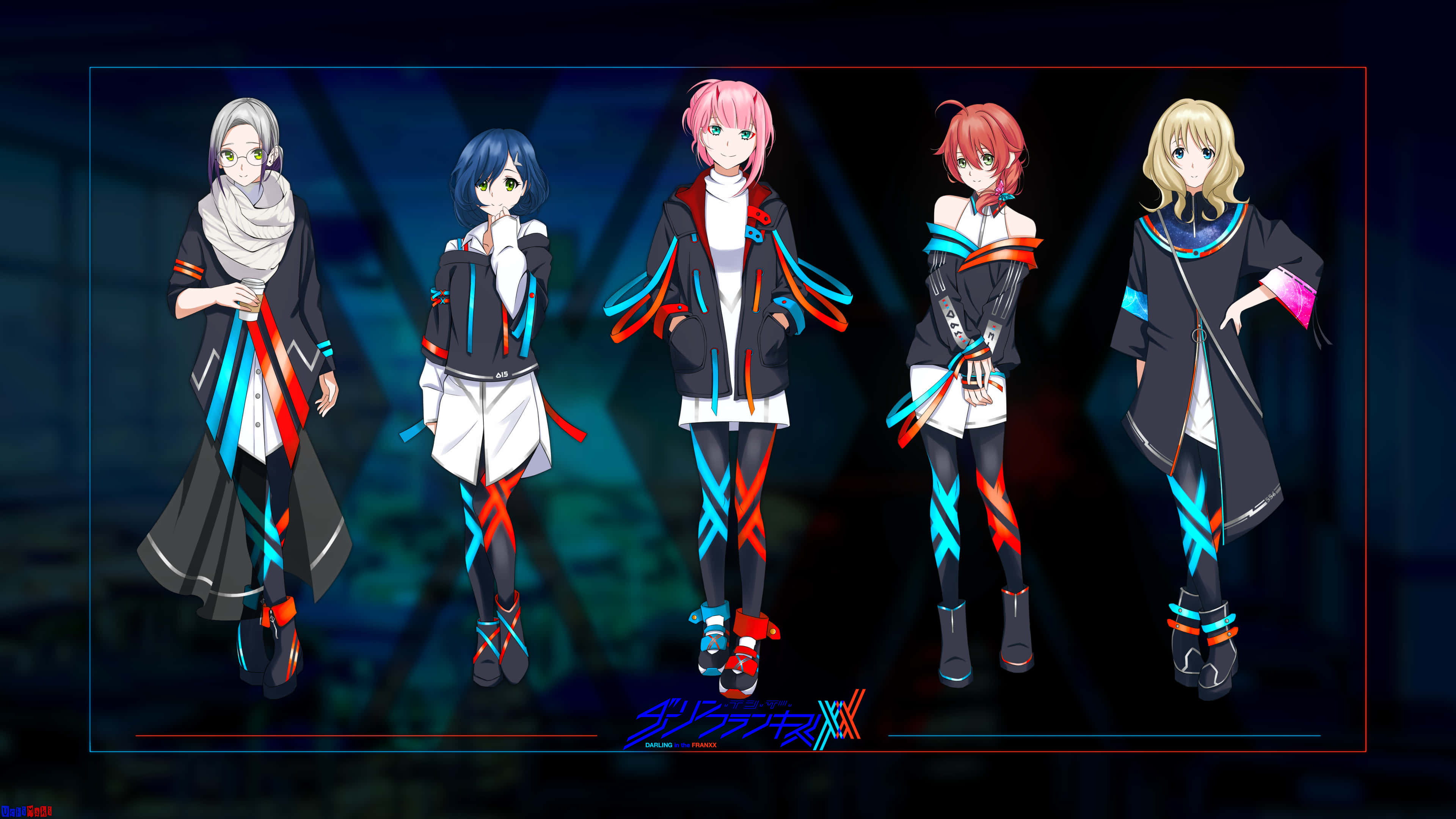 《Darling in the FranXX》中的強大組合：Hiro 與 Zero Two 壁紙 — 五個身穿未來風格服裝的動漫角色站在帶有霓虹色調的黑暗發光背景前。