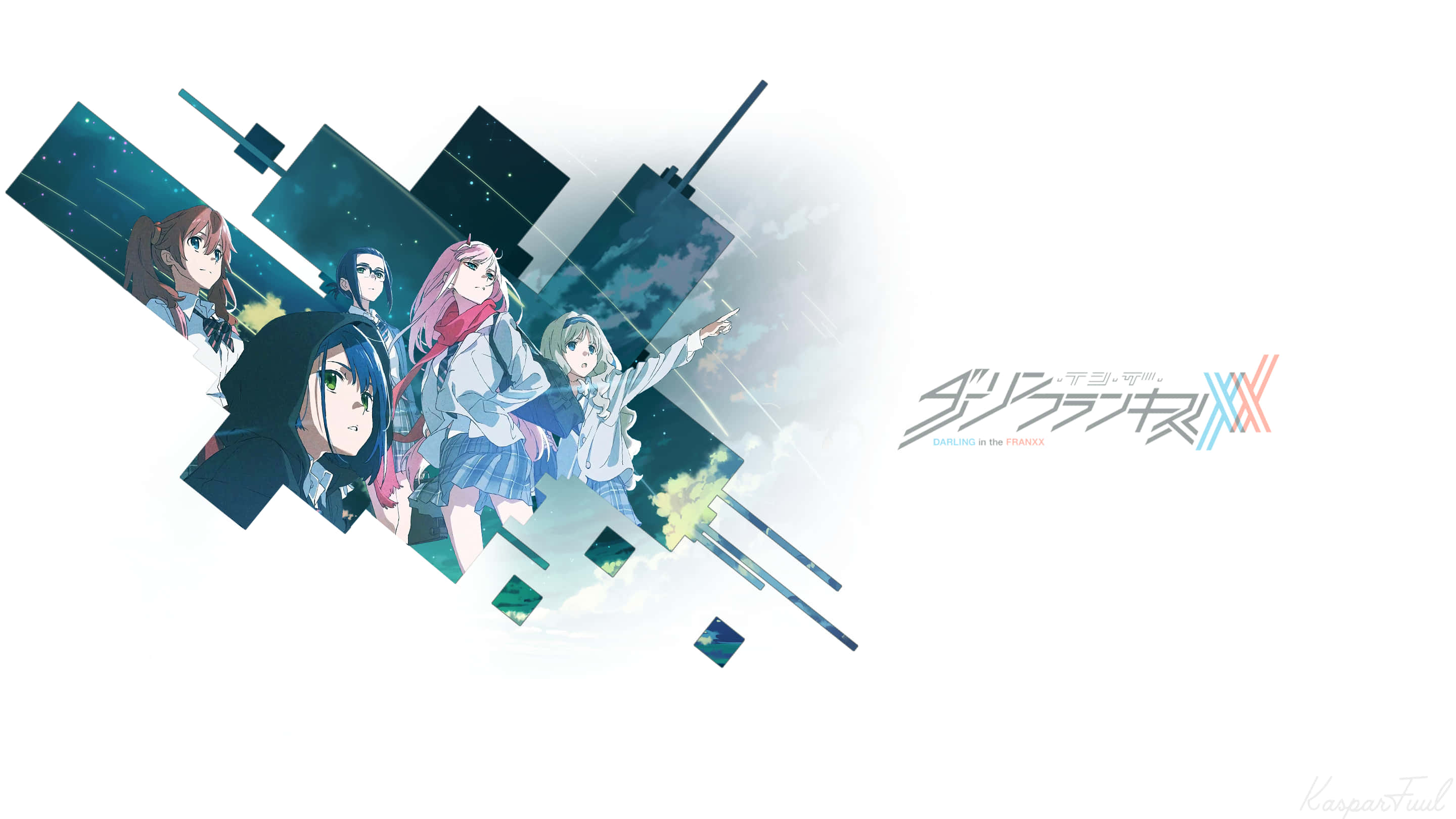 《Darling in the FranXX》主角 Hiro 與 Zero Two 壁紙 — 五個穿著校服的動漫女孩在星空下漂浮在破碎的城市景觀面板之間。