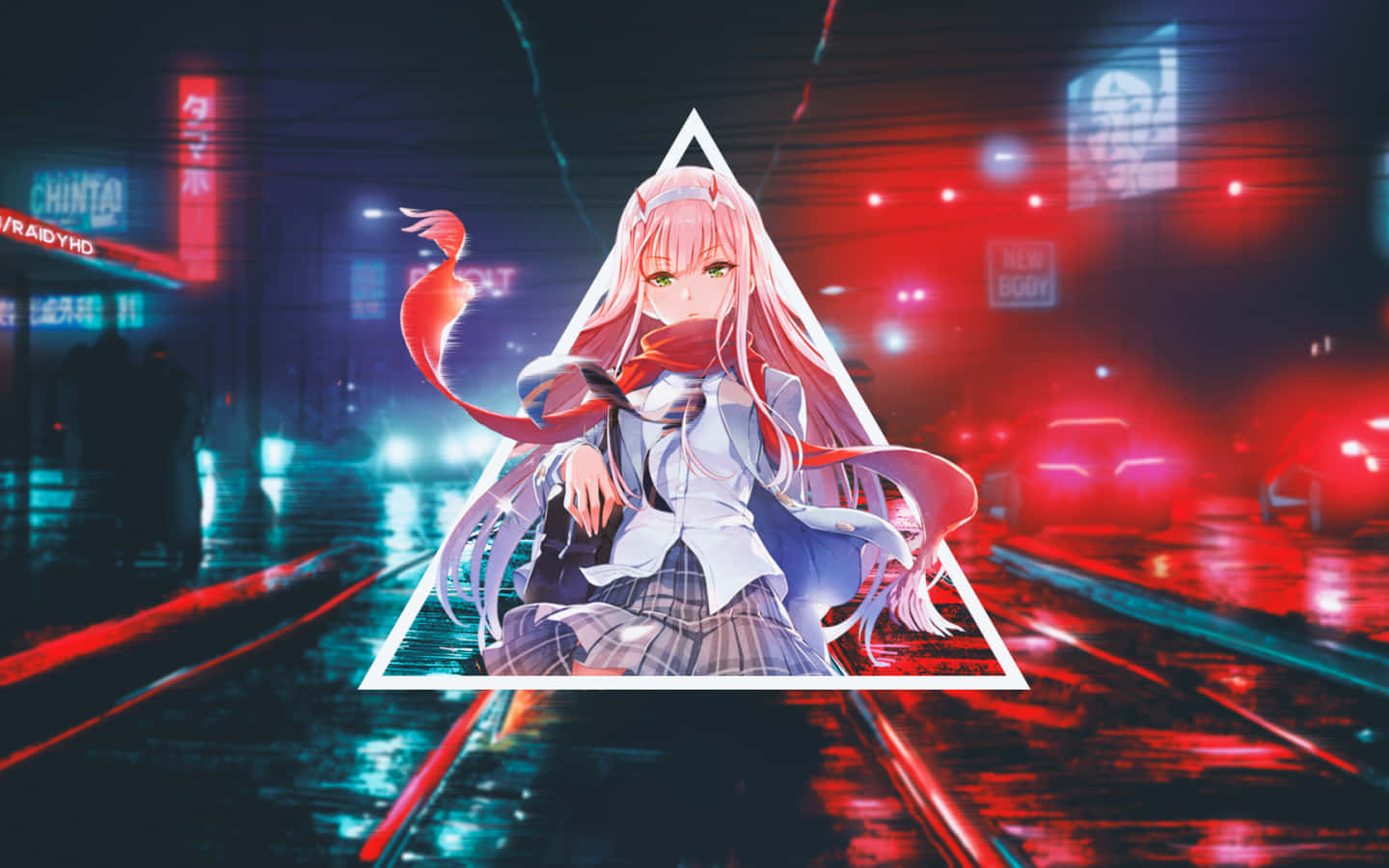 《DARLING in the FRANXX》中，螢與Strelizia為夢想奮鬥 壁紙 — 一位粉紅色頭髮的動漫女孩穿著校服，站在夜間霓虹燈濕透的雨景賽博朋克街道上一個發光的三角形內。