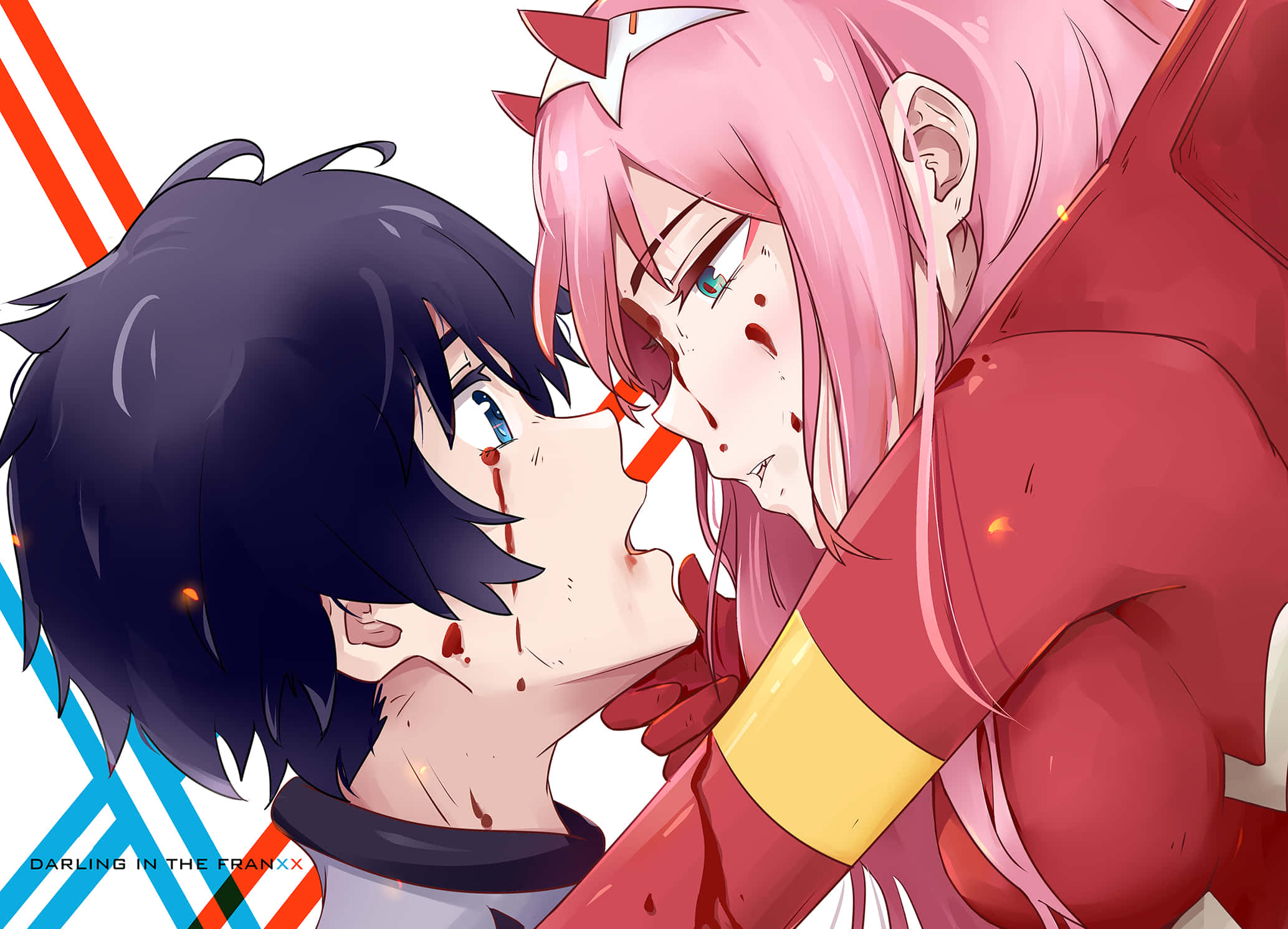 《DARLING in the FRANXX》戰場的爆炸性一瞥 壁紙 — 一位粉紅色頭髮的動漫女孩，臉上沾滿鮮血，俯身親吻一個臉頰上滴著血的深色頭髮男孩。