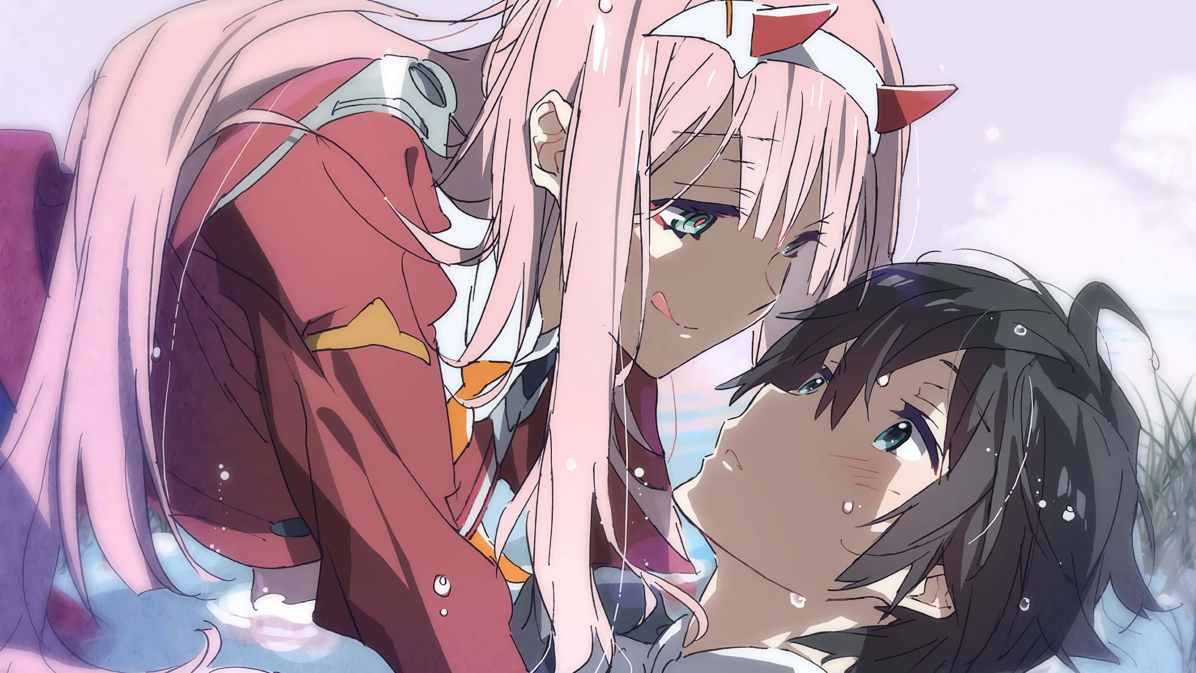 《Darling in the FranXX》主角面臨希望與絕望的旅程 壁紙 — 兩位動漫女孩，一頭粉紅與黑髮，在柔和粉彩光下親密依偎。