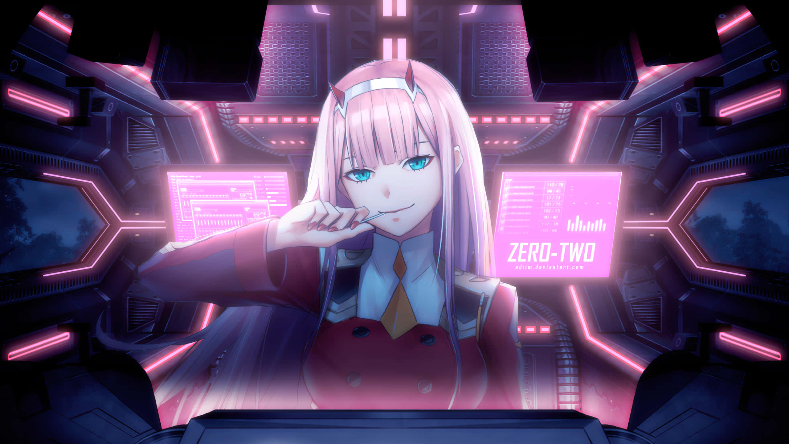 《Darling in the FranXX》中的宿命戀人：Hiro 與 Zero Two 壁紙 — 一位粉紅色頭髮、藍色眼睛的動漫女孩在霓虹燈照亮的未來駕駛艙中微笑著抽煙。