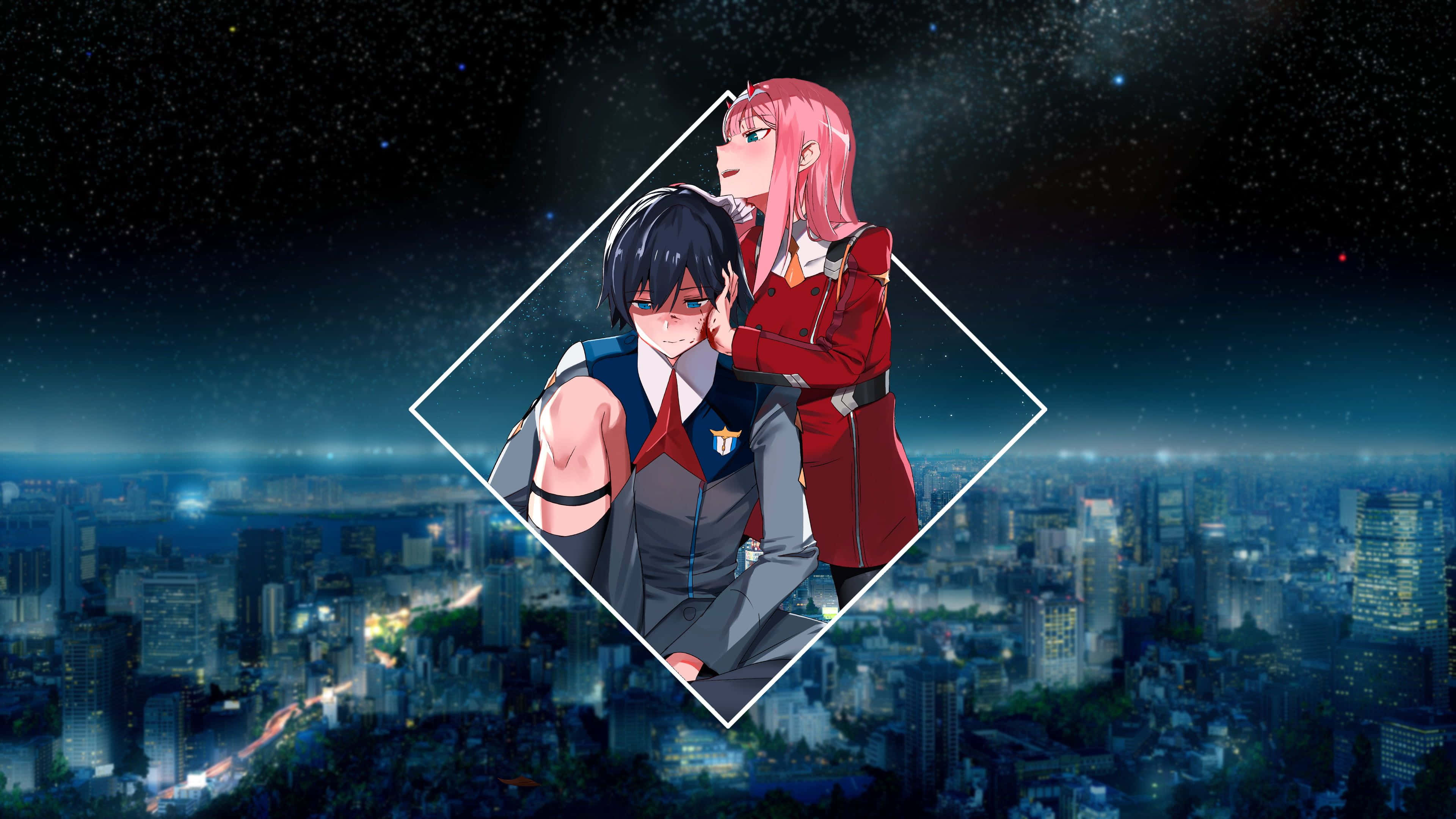 《Darling in the Franxx》經典動畫情侶 壁紙 — 兩個動漫角色在鑽石框架內擁抱，背景是繁星點點的夜晚城市景觀，下方有發光的燈光。
