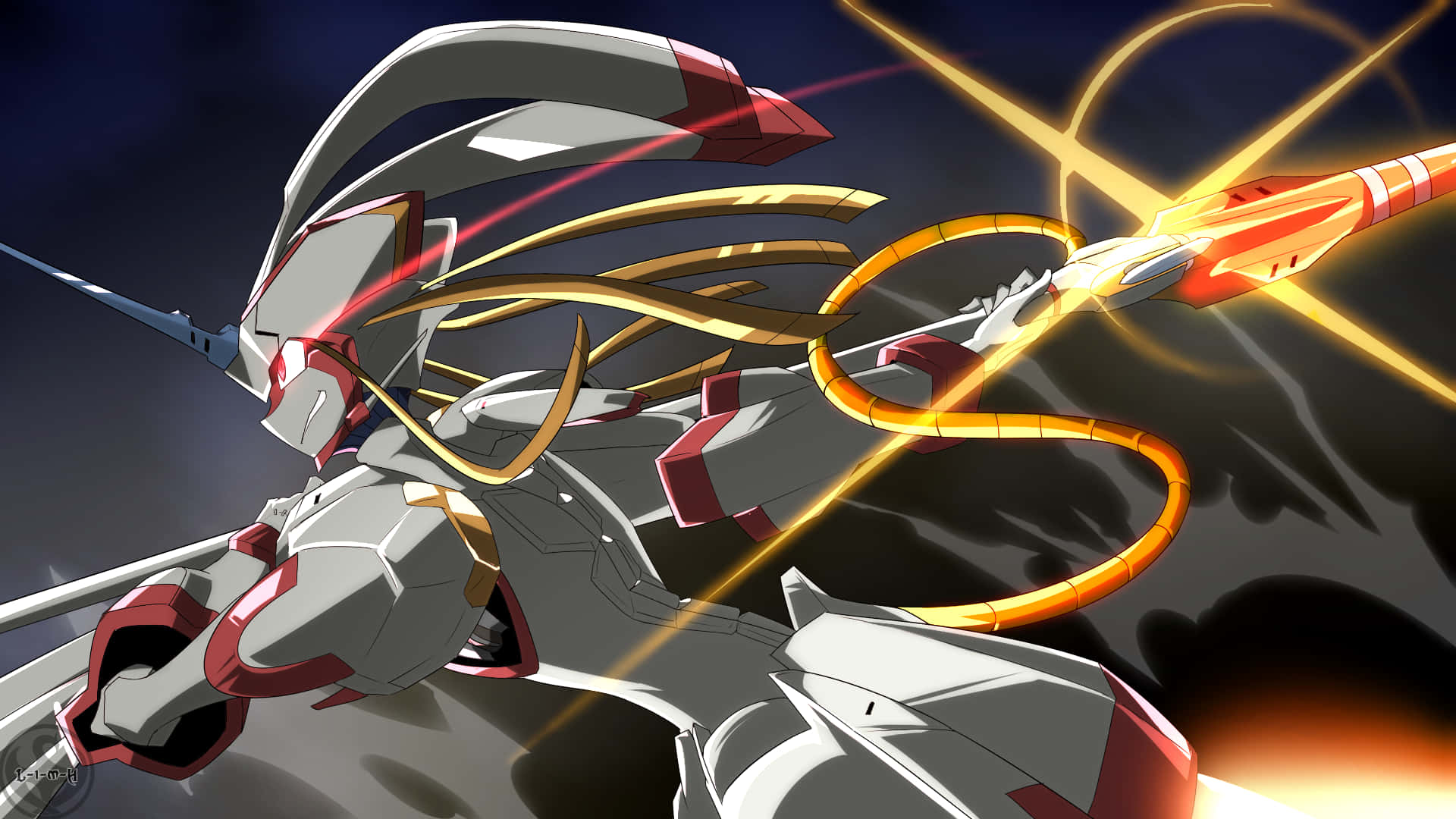 《Darling in the Franxx》中的 Hiro 與 Zero Two，命運情侶 壁紙 — 一架時尚的銀紅色機甲在黑暗暴風雨的天空中發射熾熱的橙色能量光束。