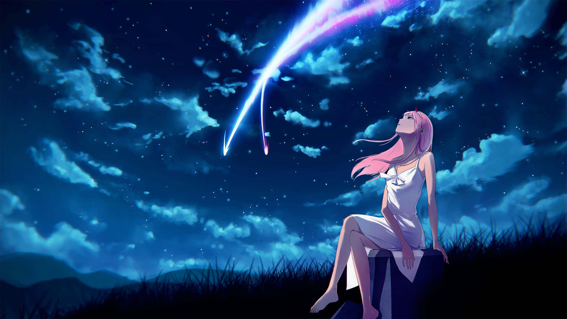 《Darling in the Franxx》中的雪之下與零二並肩而立 壁紙 — 一個粉紅色頭髮的動漫女孩穿著白色連衣裙坐在岩石上，凝視著一顆充滿活力的紫色和藍色流星劃過繁星點點的夜空。