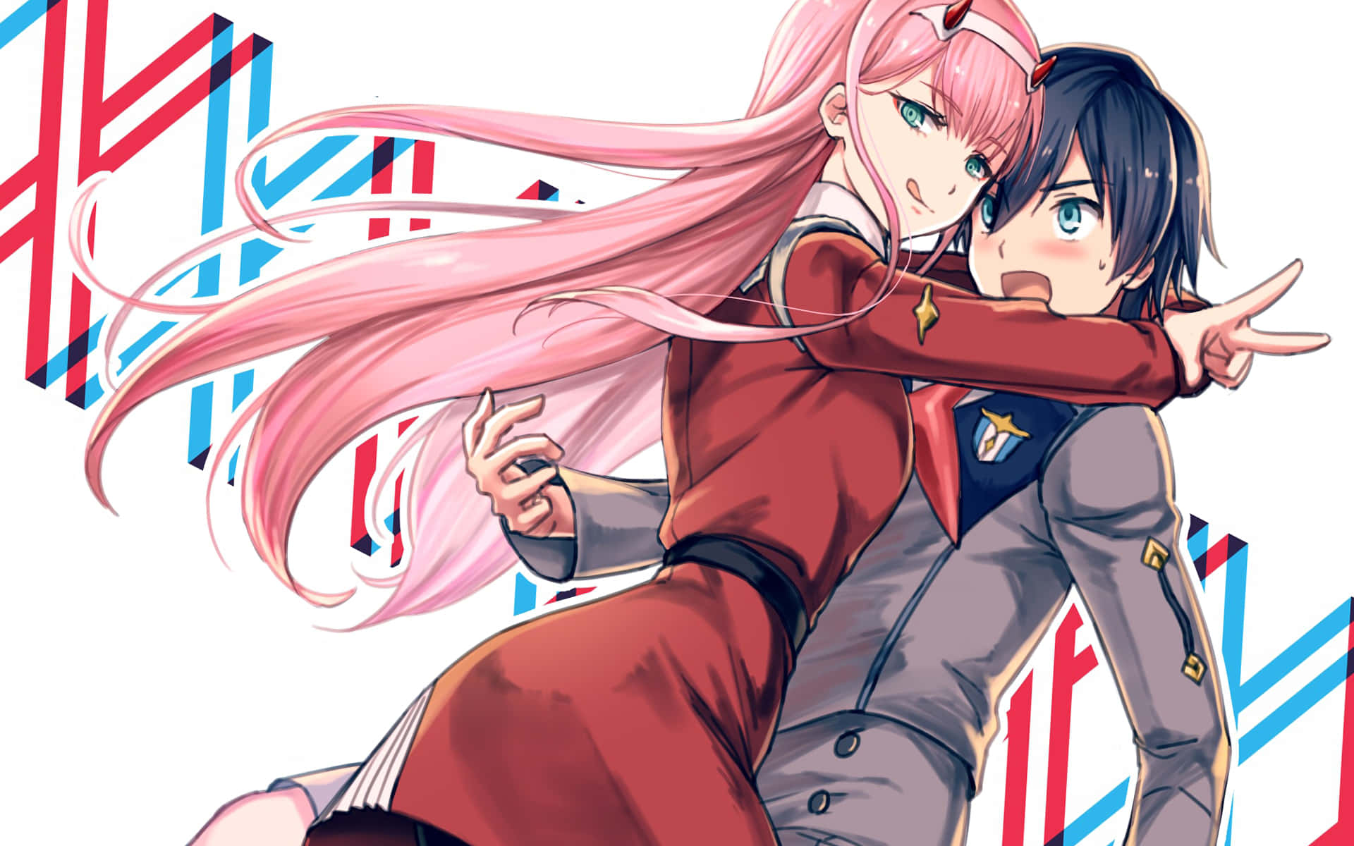 《DARLING in the FRANXX》的宿命之愛 壁紙 — 一個粉紅色頭髮的動漫女孩穿著紅色制服，從後面擁抱一個驚訝的黑髮男孩，背景是大膽的紅藍幾何圖案。