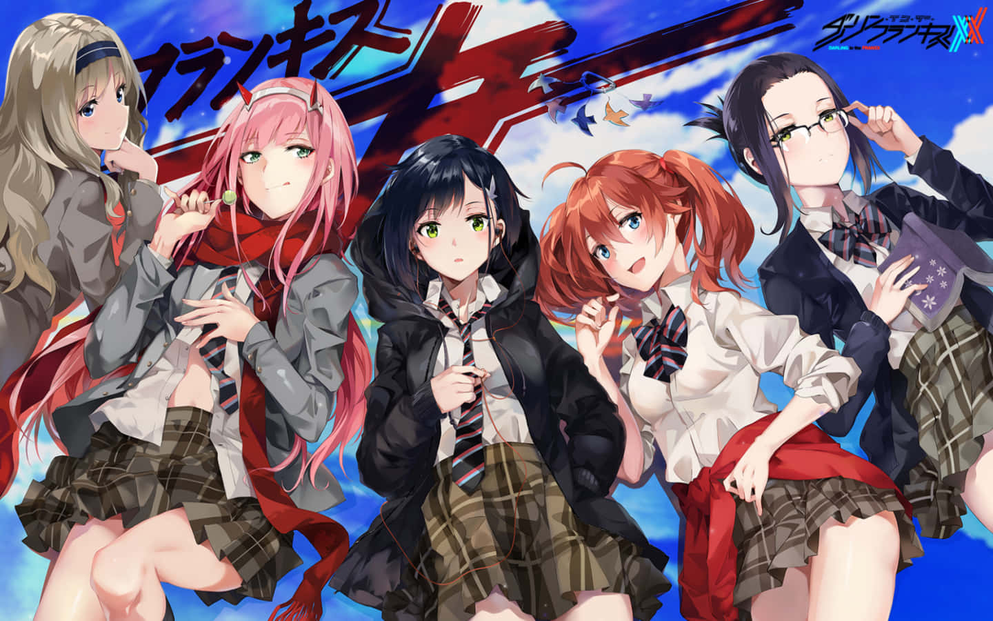 《DARLING in the FRANXX》中的螢、零二與隊友們 壁紙 — 五個動漫女學生穿著校服，在充滿活力的藍天下以紅色風格文字動態擺姿勢。