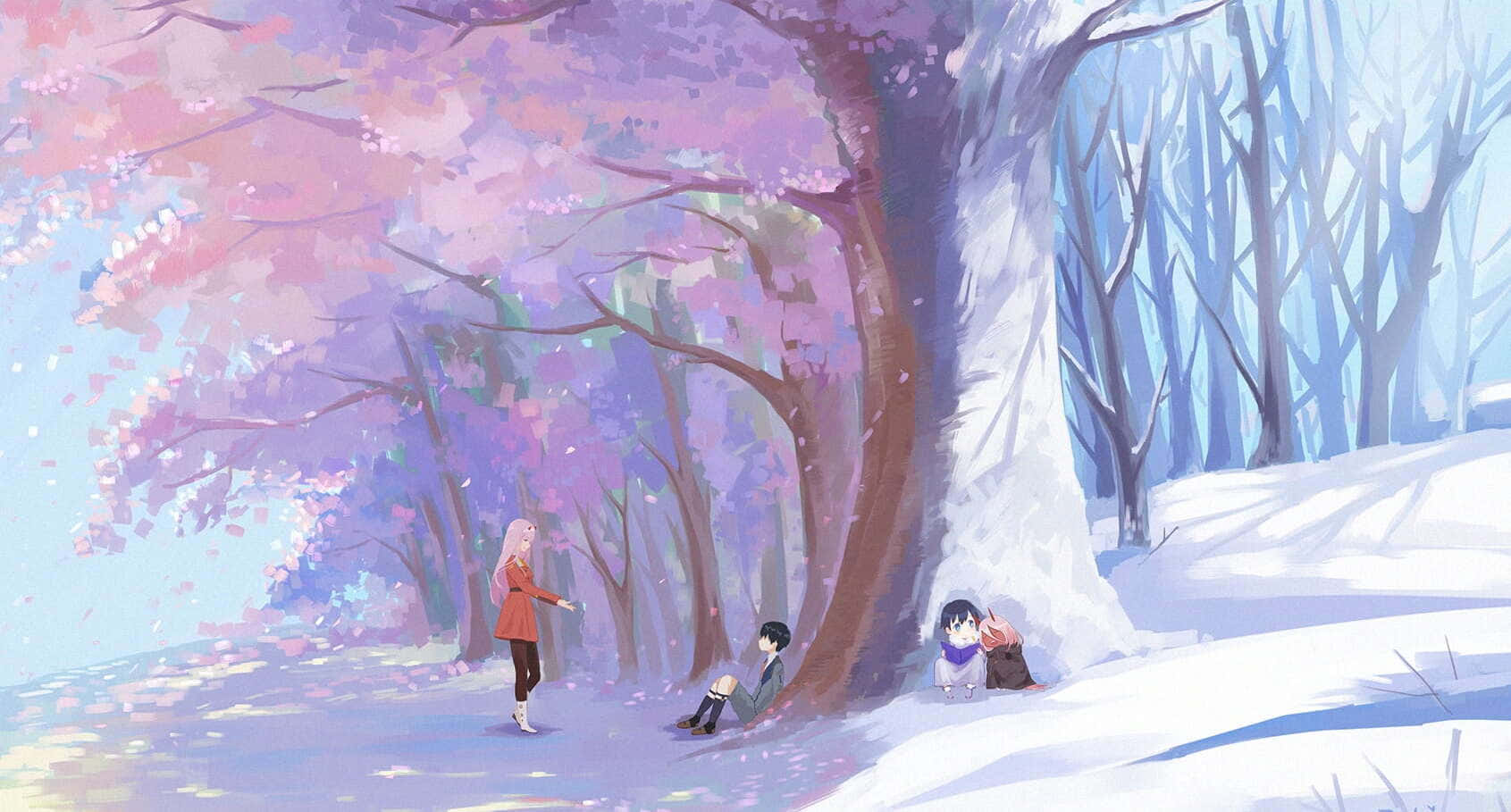 《Darling in the Franxx》動漫櫻花背景 壁紙 — 三個動漫角色在雪地森林中，於盛開的櫻花樹下放鬆，粉紅色的花瓣飄落下來。