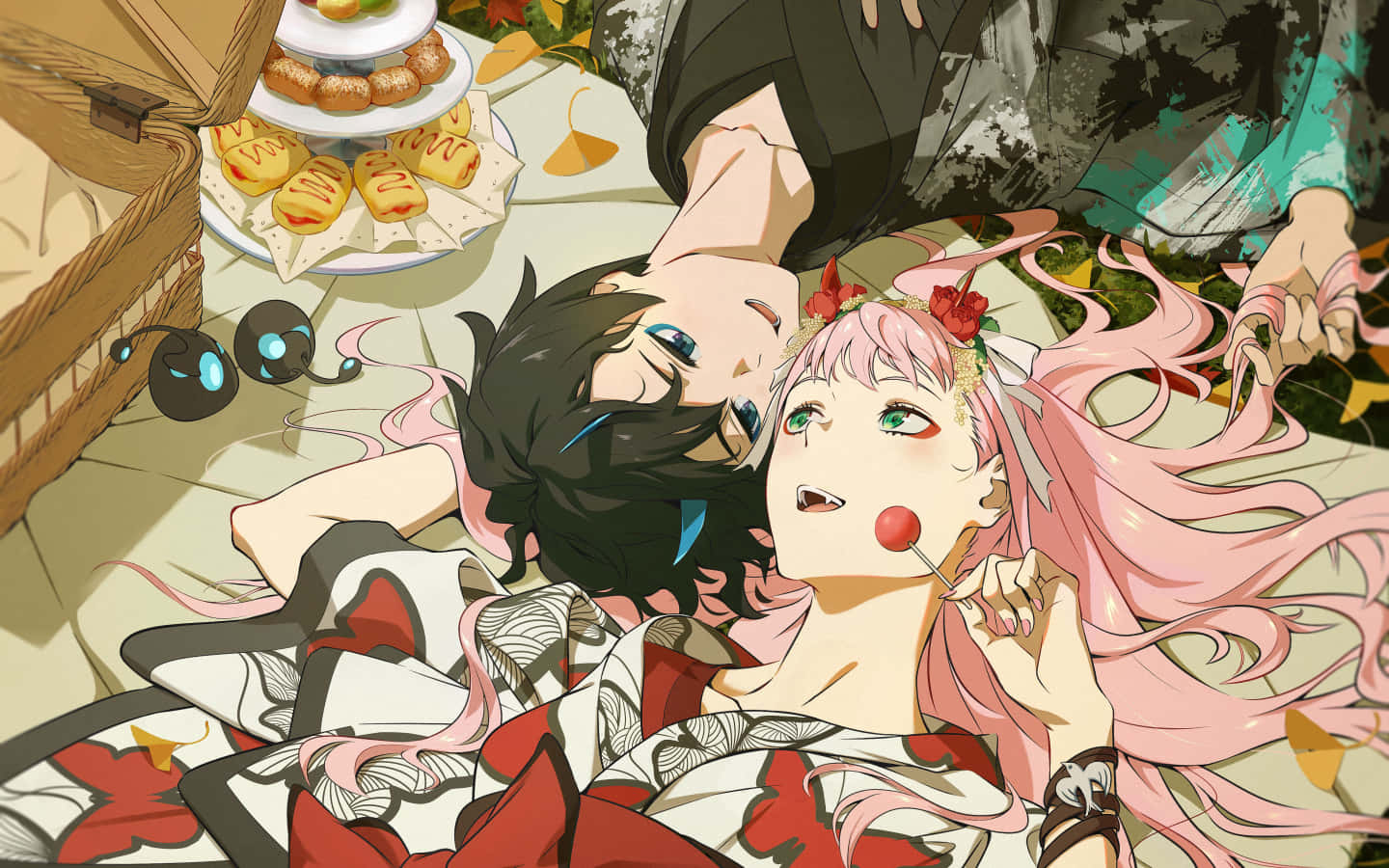 《DARLING in the FRANXX》中熱情的駕駛員搭檔：零二與螢 壁紙 — 兩個動漫角色在野餐墊上放鬆，周圍有糕點和櫻花。