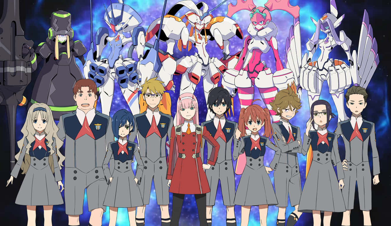 《Darling in the Franxx》中柊尋一與零二共賞自然之美 壁紙 — 穿著校服的動漫角色站在巨型機甲前，背景是宇宙星雲。