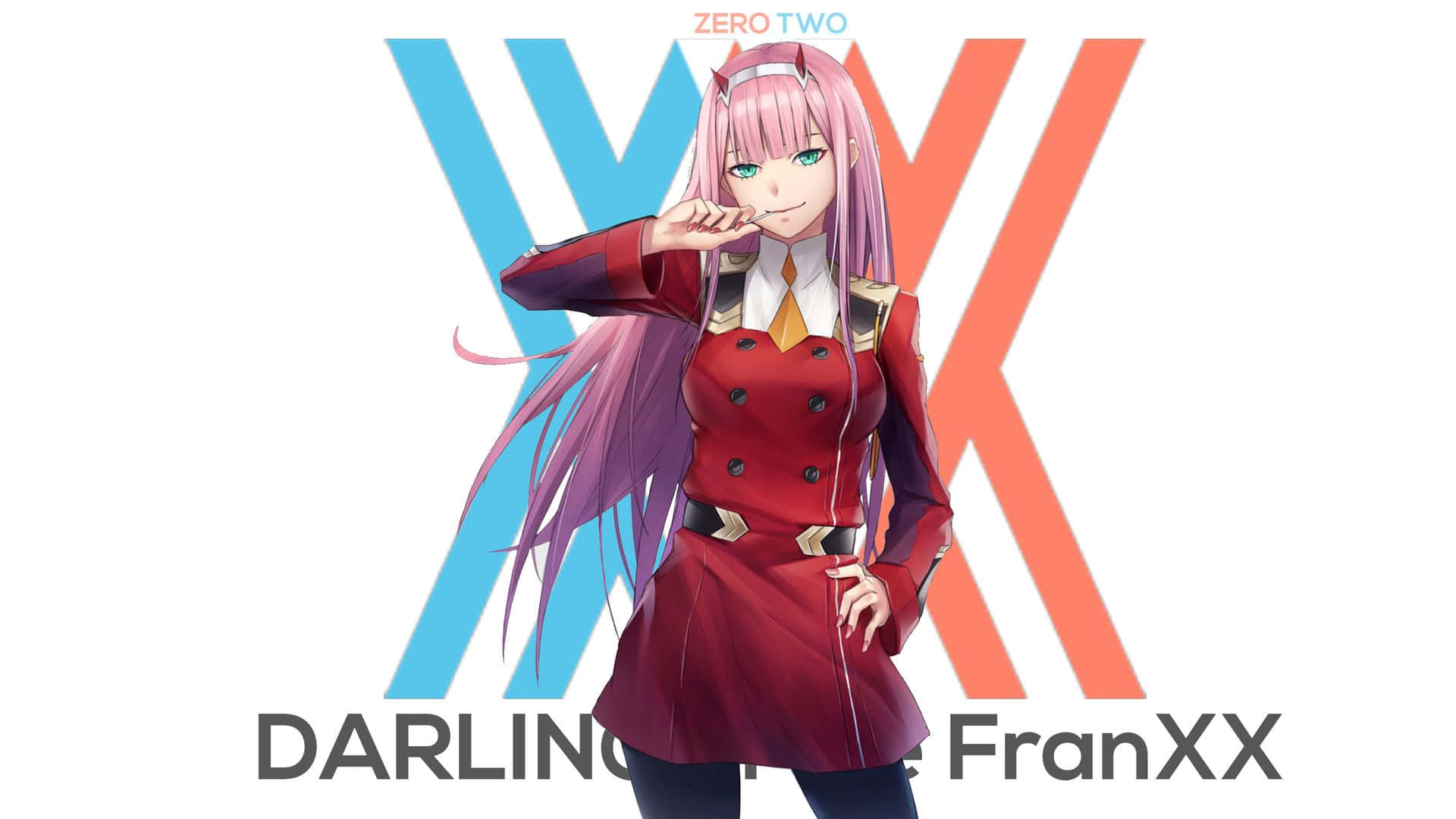 《Darling in the FranXX》中 Zero Two 與 Hiro 的溫柔擁抱 壁紙 — 動漫角色零二穿著紅色外套，自信地擺姿勢，背景是風格化的藍色和橙色X標誌。