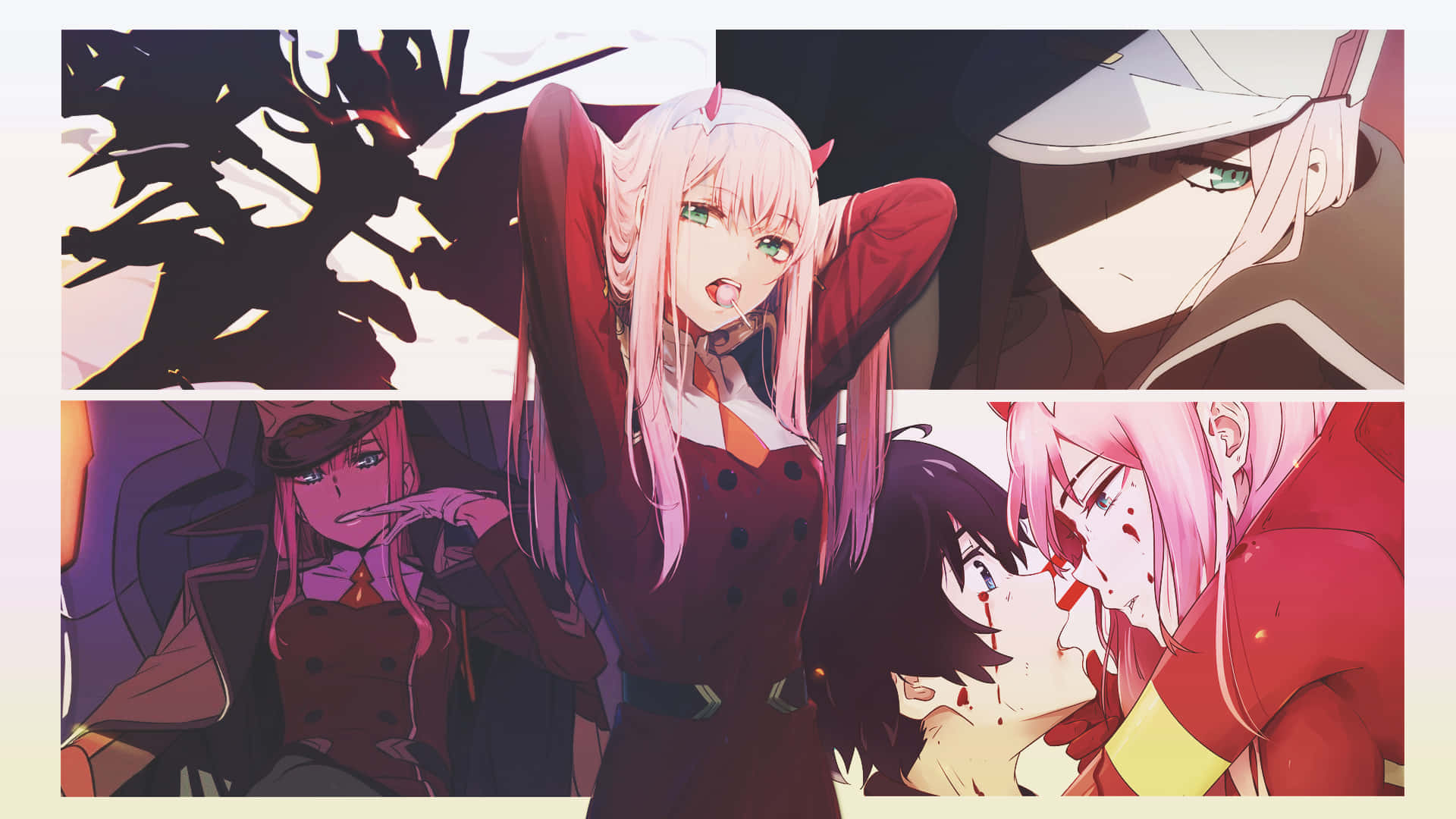 《Darling in the FranXX》中的 Zero Two 壁紙 — 動漫拼貼畫， featuring 粉紅色頭髮的角色穿著戲劇性的紅色服裝，背景黑暗陰影，表情強烈。