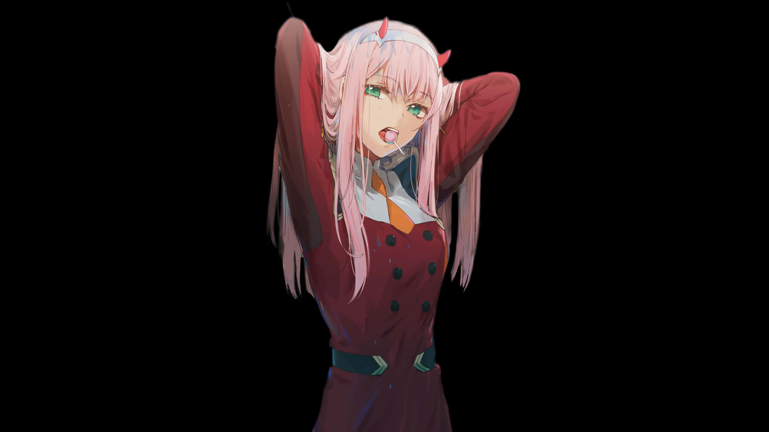 《DARLING in the FRANXX》中的 Hiro 與 Zero Two 壁紙 — 一位粉紅色頭髮、紅色角的動漫女孩，在黑色背景前穿著紅色外套，頑皮地伸出舌頭。