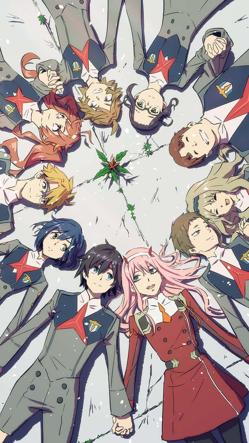 以《DARLING in the FRANXX》手機擁抱冒險的刺激感 壁紙 — 一群穿著制服嘅動漫角色圍成一個圓圈，喺雪景中仰望一棵發光嘅植物。