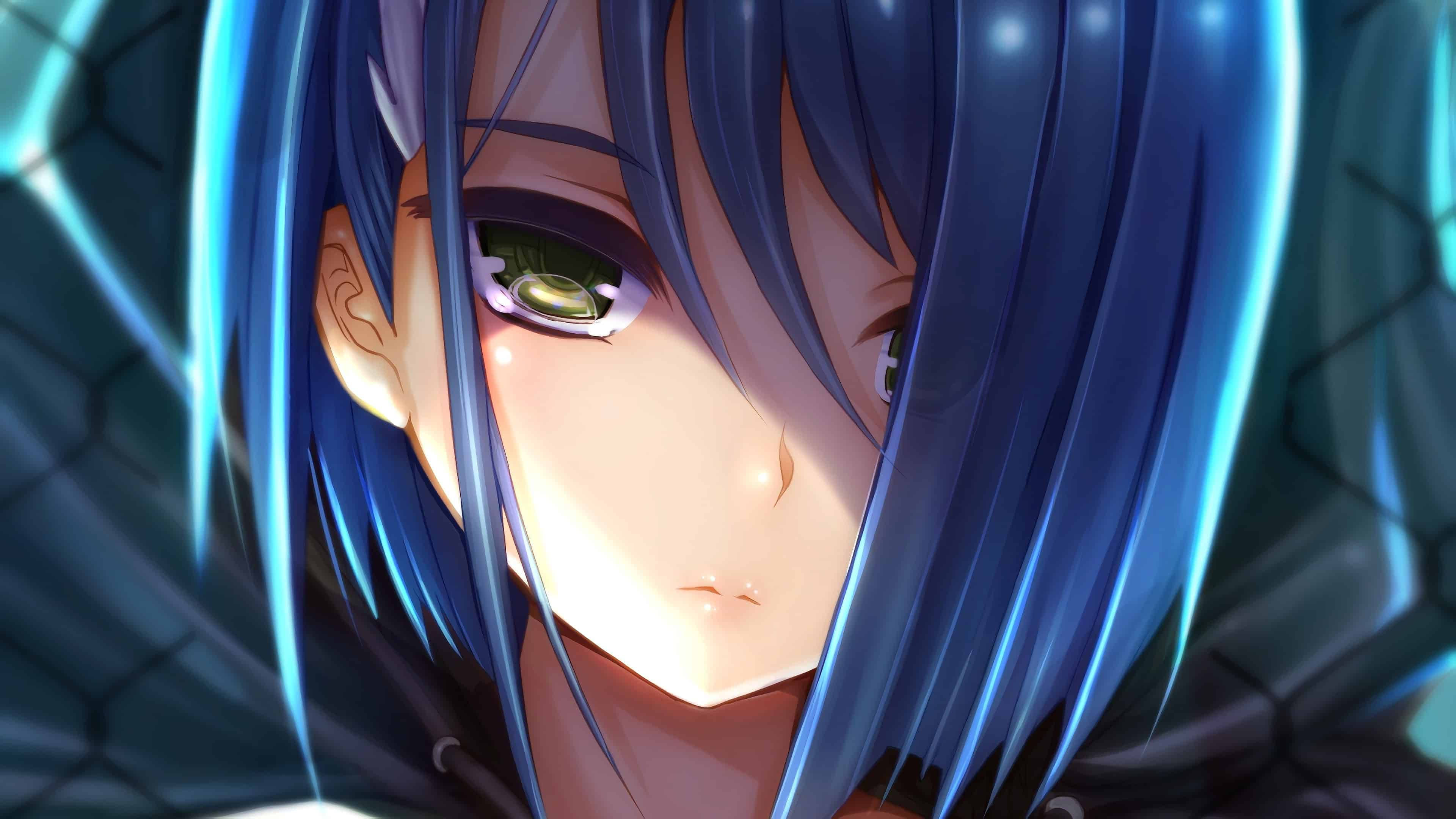 《Darling in the FranXX》中的伊吹，駕駛「Strelizia」 壁紙 — 特寫一個藍色頭髮、發光綠色眼睛的動漫女孩，背景是深色幾何圖案。