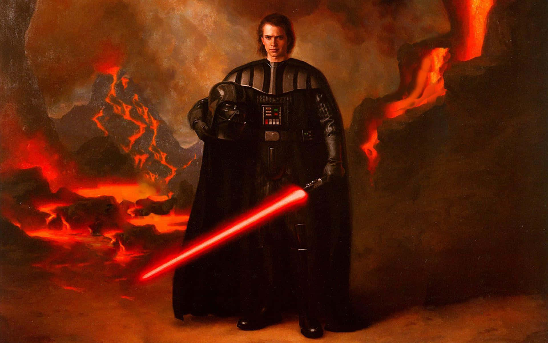 Anakin 桌布 壁紙 — 一個穿著黑色黑武士服裝的男人，在熾熱的火山景觀中手持發光的紅色光劍。