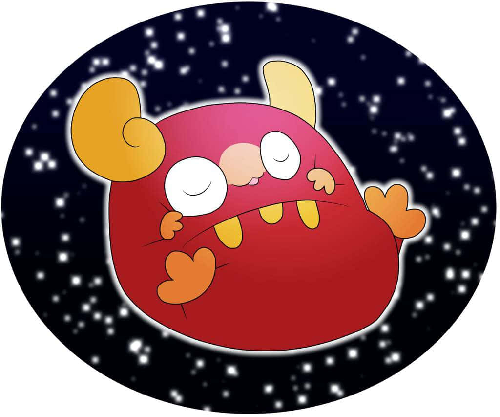 Darumaka卡通明星背景 壁紙 — 一隻可愛的紅色卡通怪物，長著黃色角和心形圖案，在星空夜空背景下安詳地睡著。