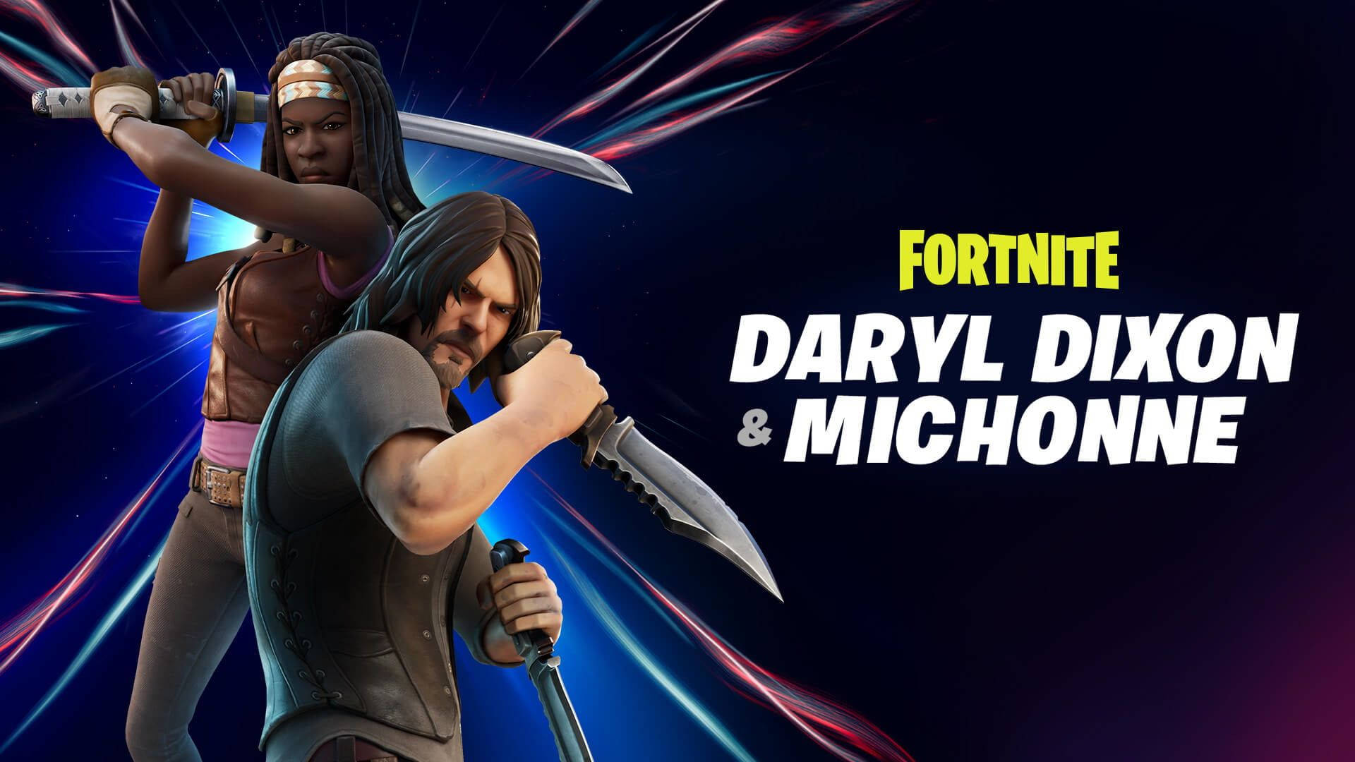《Fortnite》中的Daryl Dixon和Michonne以動態姿勢手持武器。