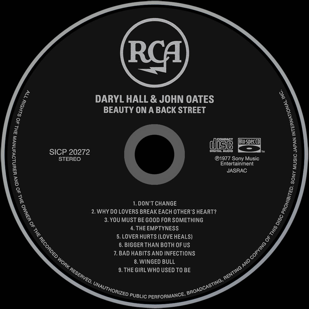 Daryl Hall & John Oates專輯《Beauty on a Back Street》的RCA唱片標籤，附曲目列表。