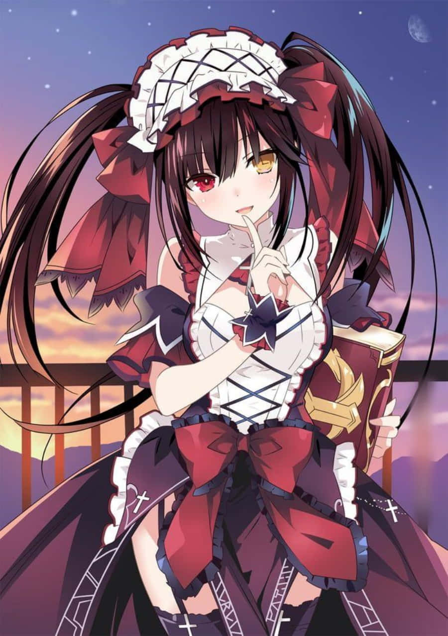 動漫女孩穿著紅白女僕裝，在星空和月亮的暮色中拿著書。