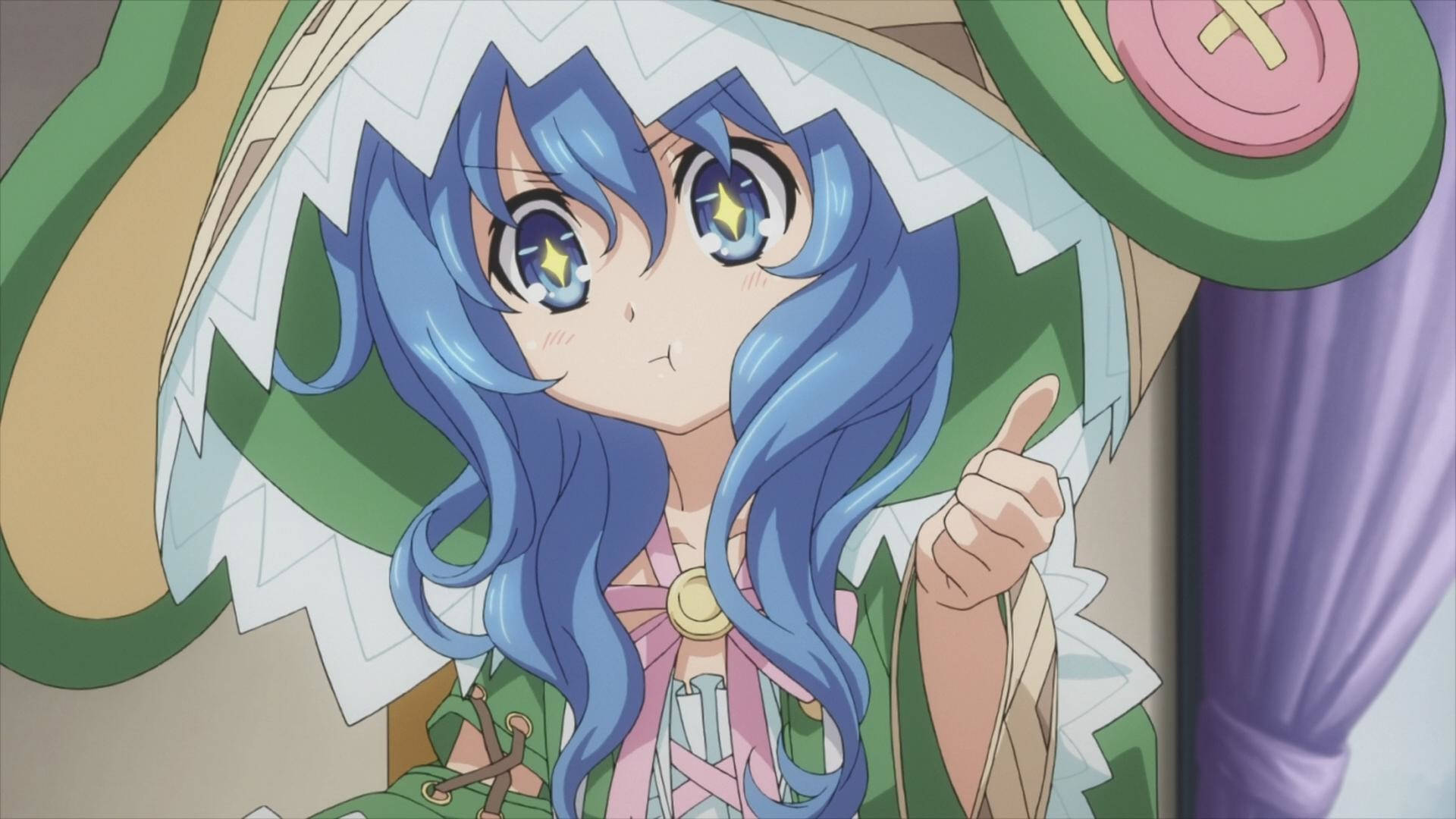 藍色頭髮和星星眼睛的動漫女孩豎起大拇指。