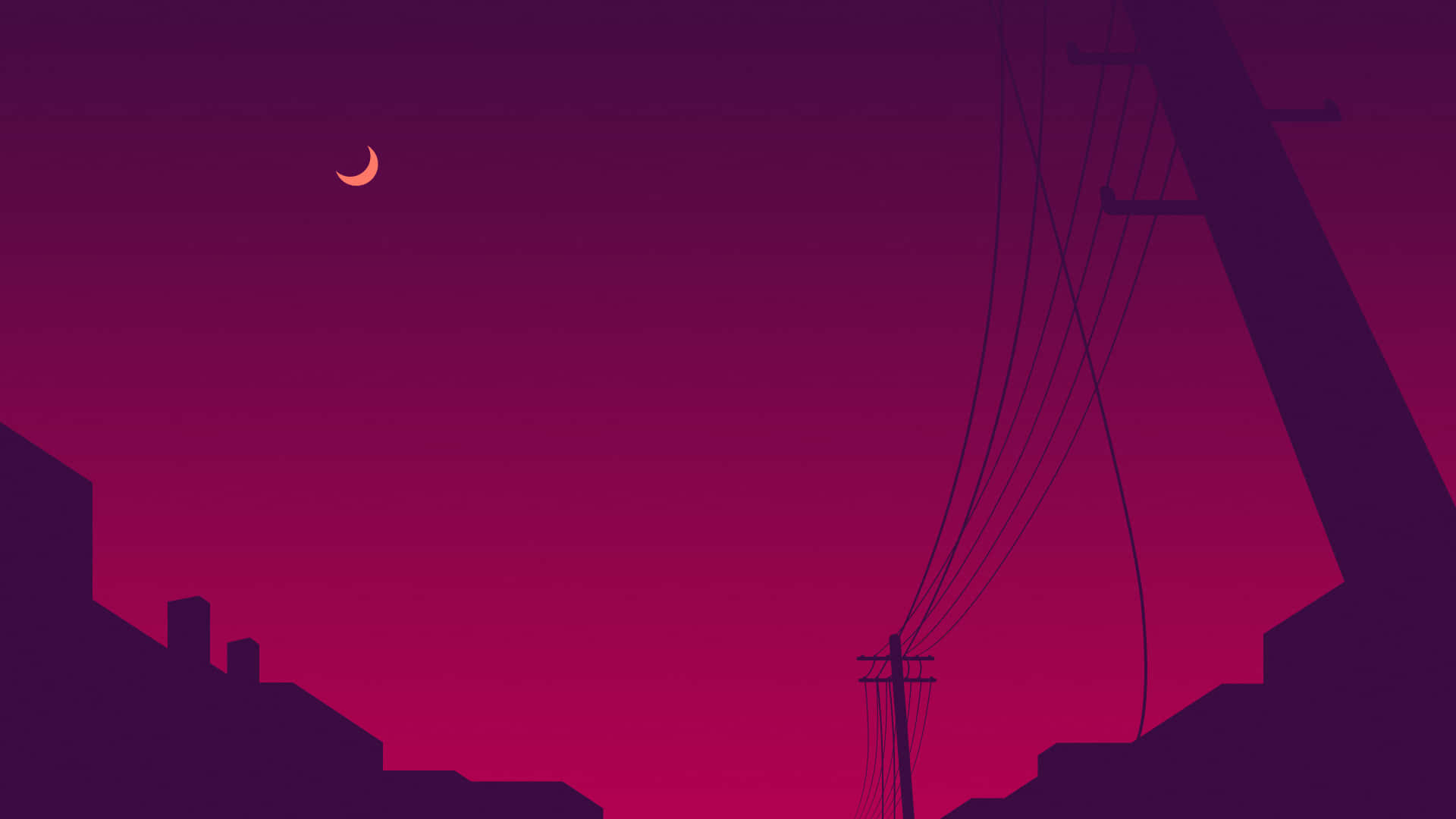 Dave2d 紫紅夜空剪影 壁紙 — 一個風格化的紫色黃昏場景，新月懸掛在剪影般的屋頂和電線之上。