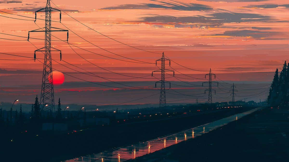 夕陽下，電線在潮濕的高速公路上延伸，橙色天空和樹木剪影。
