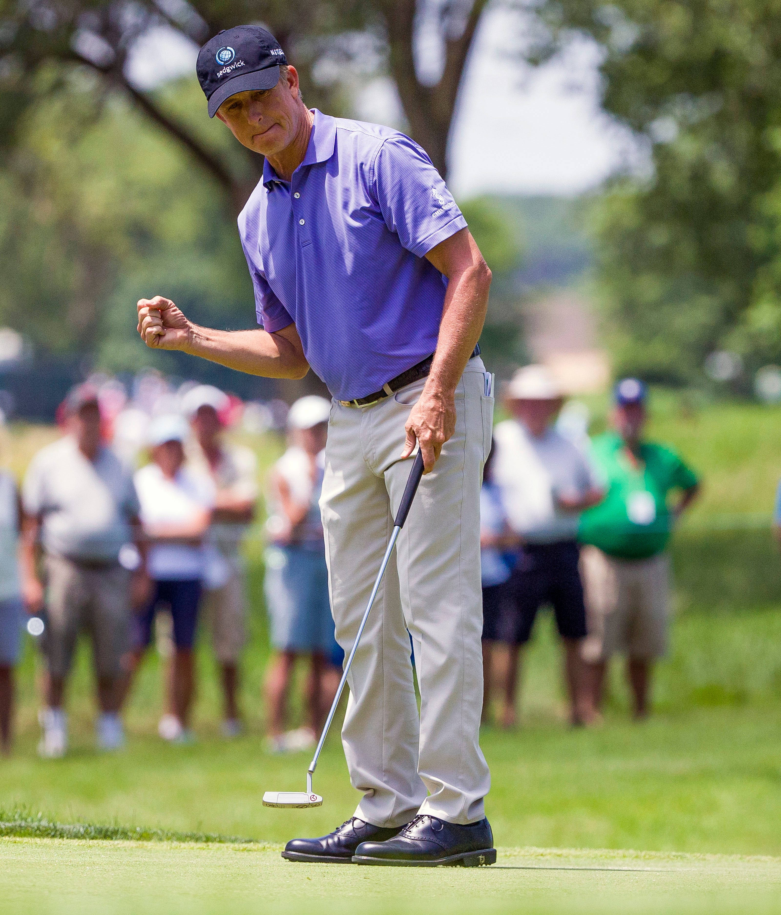 David Toms 小型握拳慶祝 壁紙 — 一位身穿紫色襯衫的高爾夫球手在陽光明媚的果嶺上成功推桿，背景有觀眾。