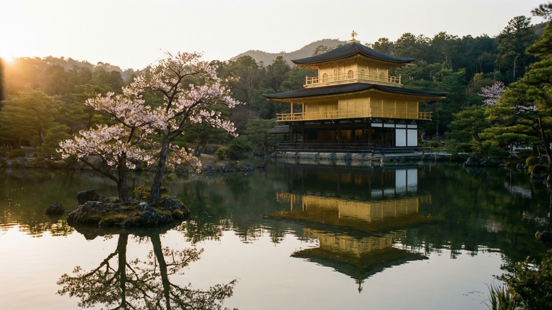 金色寺廟亭閣倒映在靜止的水面上，附近有盛開的櫻花，日出時分。