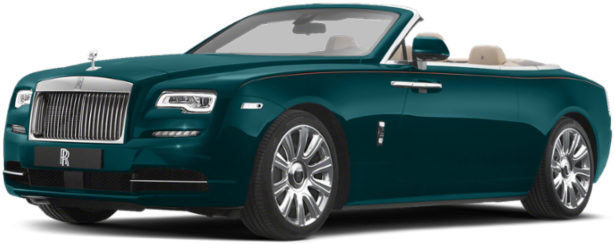 綠色勞斯萊斯Dawn敞篷車 壁紙 — 一輛時尚的青色勞斯萊斯 Phantom Drophead Coupe，帶有鍍鉻裝飾和軟頂，停在純色背景前。