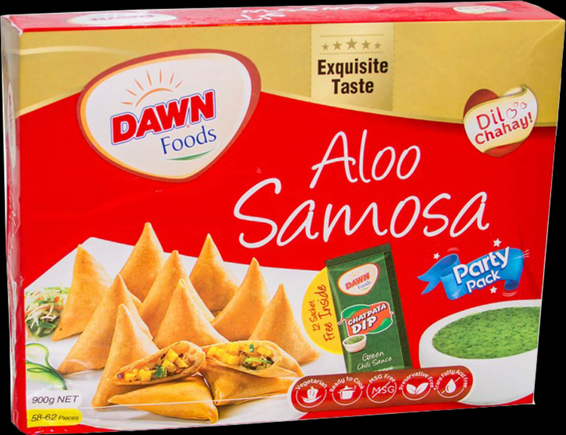 Dawn Foods 馬鈴薯薩摩薩包裝 壁紙 — 一盒鮮紅色的Dawn Foods Aloo Samosa派對裝，內有金黃色炸咖喱角和青辣椒醬。