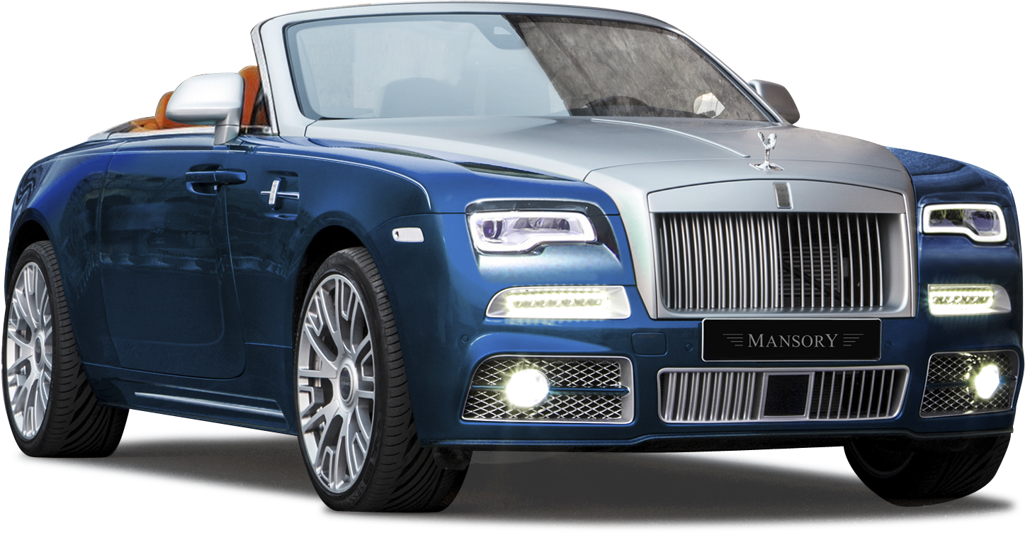 藍色勞斯萊斯 Dawn Mansory敞篷車 壁紙 — 一輛時尚的藍色 Mansory Rolls Royce 敞篷車，帶有鍍鉻裝飾和發光車頭燈，背景為黑色。