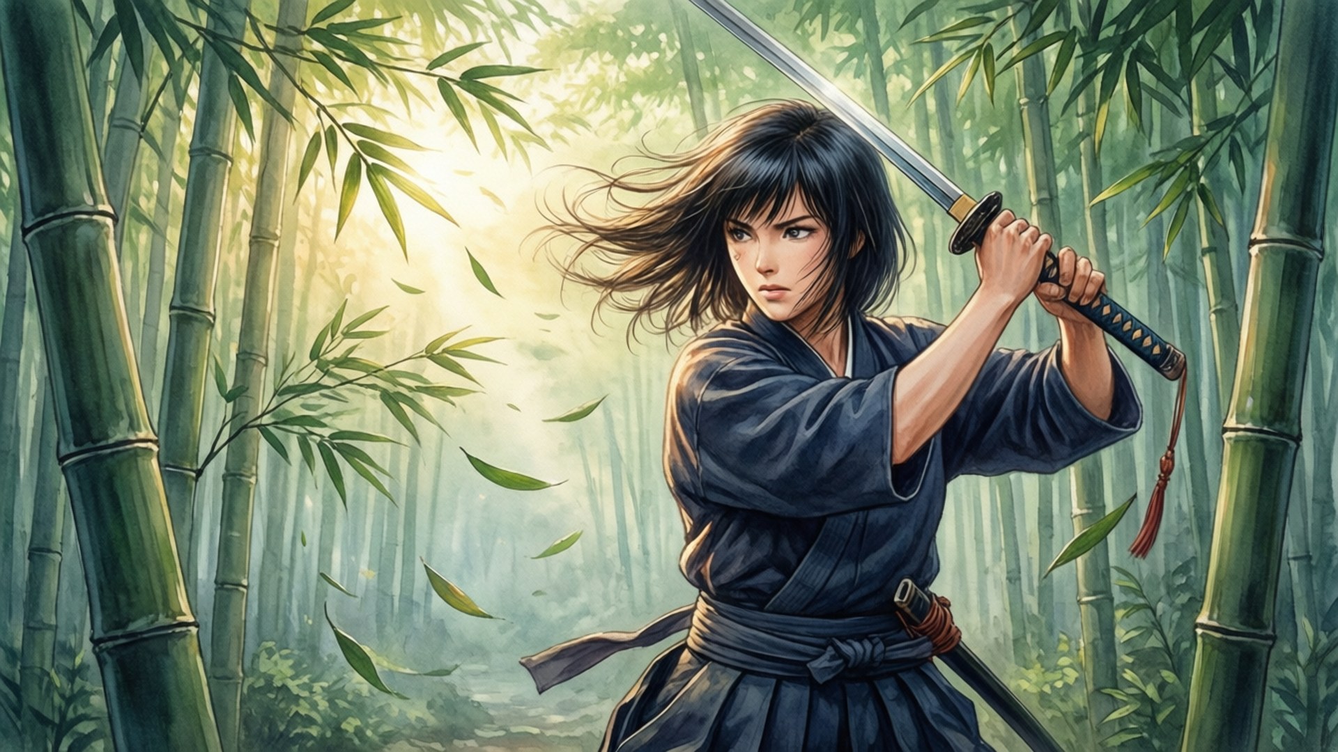 身穿深色長袍的女武士在落葉和陽光下的竹林中持劍