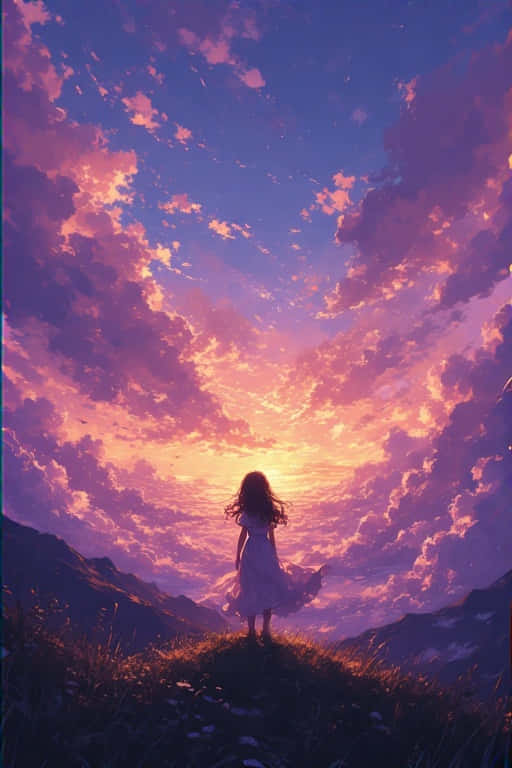 一個穿著白色連衣裙的女孩站在山上，觀看山脈上空充滿活力的紫橙色日落。