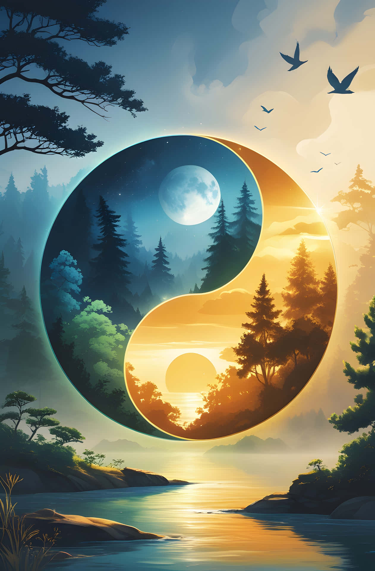 Day and Night Art 壁紙 — 一個陰陽符號分為夜晚有月亮和森林，以及白天有太陽和樹木，河流上有鳥兒飛翔。