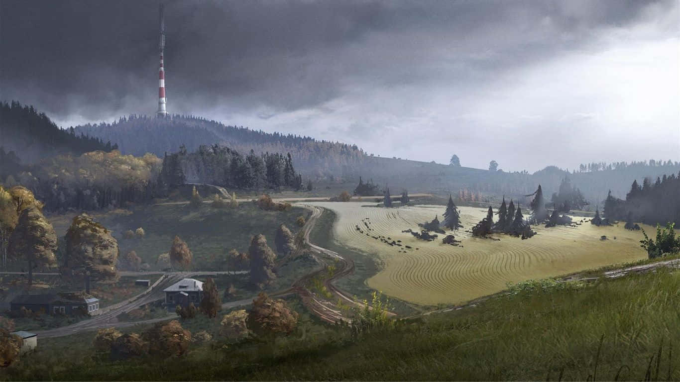 DayZ Epoch Mod 背景：遠山高塔 壁紙 — 一個霧氣瀰漫的秋日山谷，起伏的田野，以及一座紅白相間的塔樓，在陰暗多雲的天空下，聳立於森林覆蓋的山丘之上。
