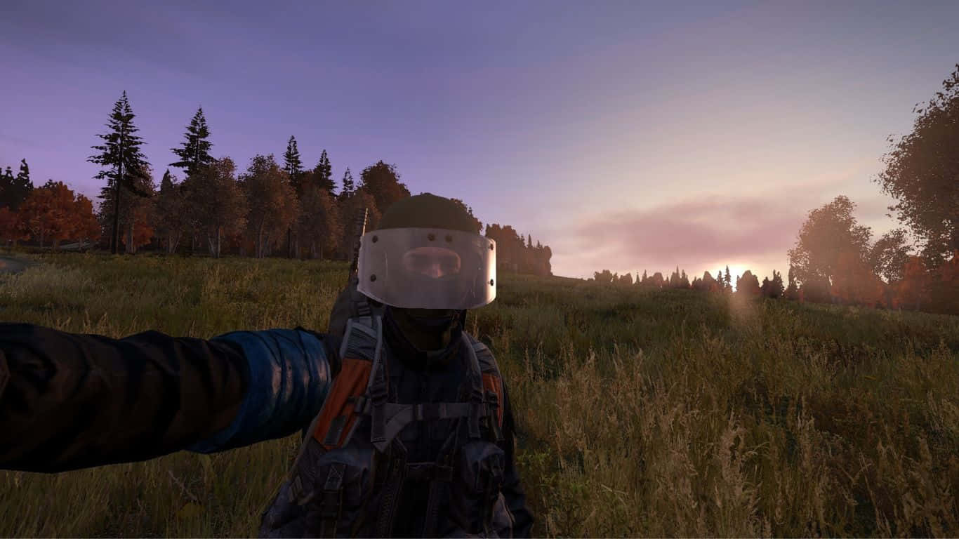 DayZ Epoch Mod 背景：第一人稱視角手持裝備 壁紙 — 一名穿著戰術裝備的玩家在日落時分的草地上手持武器，背景有秋樹的第一人稱視角。