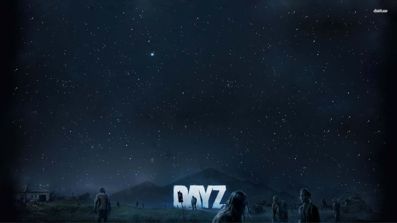 DayZ Epoch Mod 背景：繁星夜空與殭屍 壁紙 — 剪影人物站在星空下，發光的白色字母在山上拼出DAYZ。