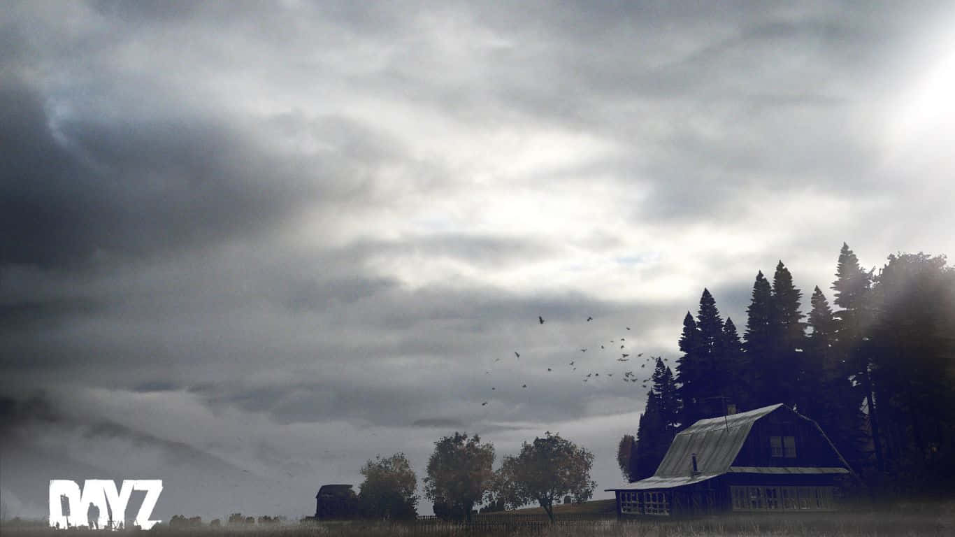 DayZ Epoch Mod 遊戲背景：飛鳥掠過屋頂 壁紙 — 一座孤獨的藍色穀倉矗立在陰沉灰暗的天空下，鳥兒在陰霾的地平線上散開。