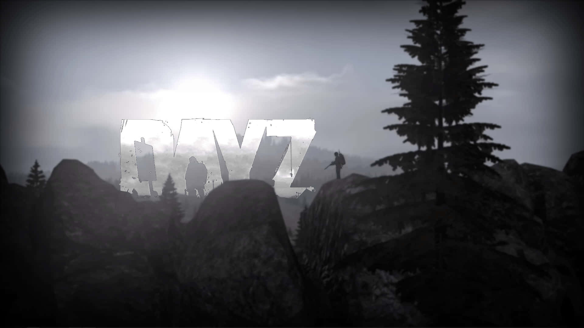 一個孤獨的身影站在岩石地形上，DAYZ 標誌在他們身後發光。